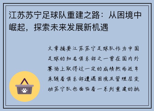 江苏苏宁足球队重建之路：从困境中崛起，探索未来发展新机遇