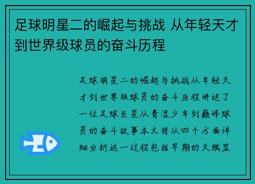 足球明星二的崛起与挑战 从年轻天才到世界级球员的奋斗历程